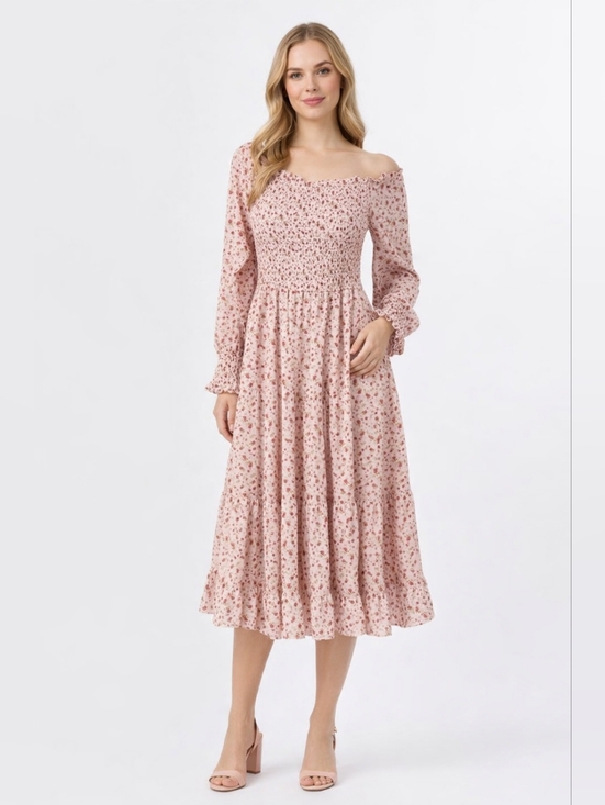 Aura Dresses & Skirts - Aura Boho Floral Midi Dress Smocked Fit&Flare Long Sleeve Romantic Fluence Sz L